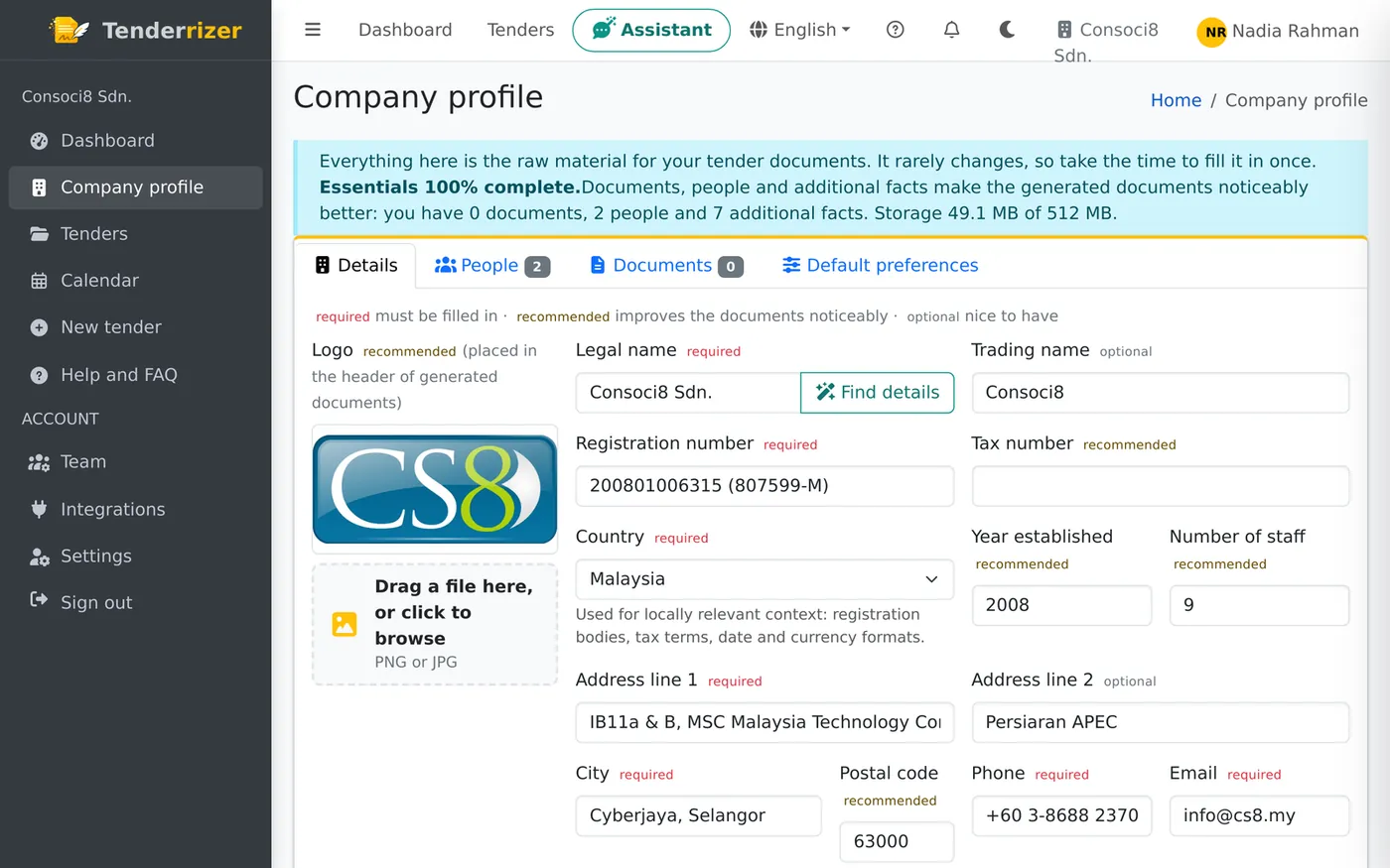 The company profile page with legal details, registration number, address and logo.
