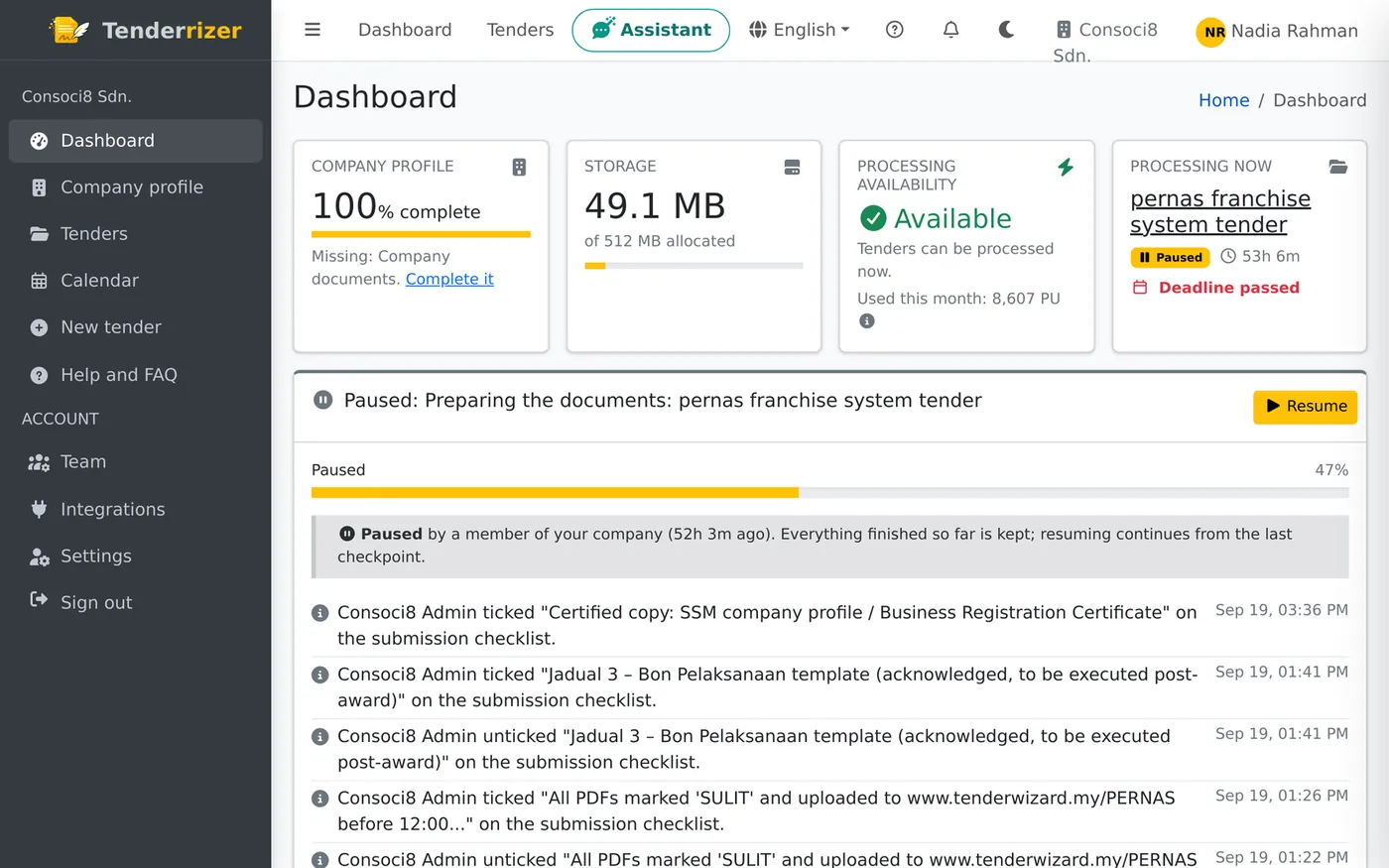 The dashboard with profile completeness, storage, processing availability and the team's activity.