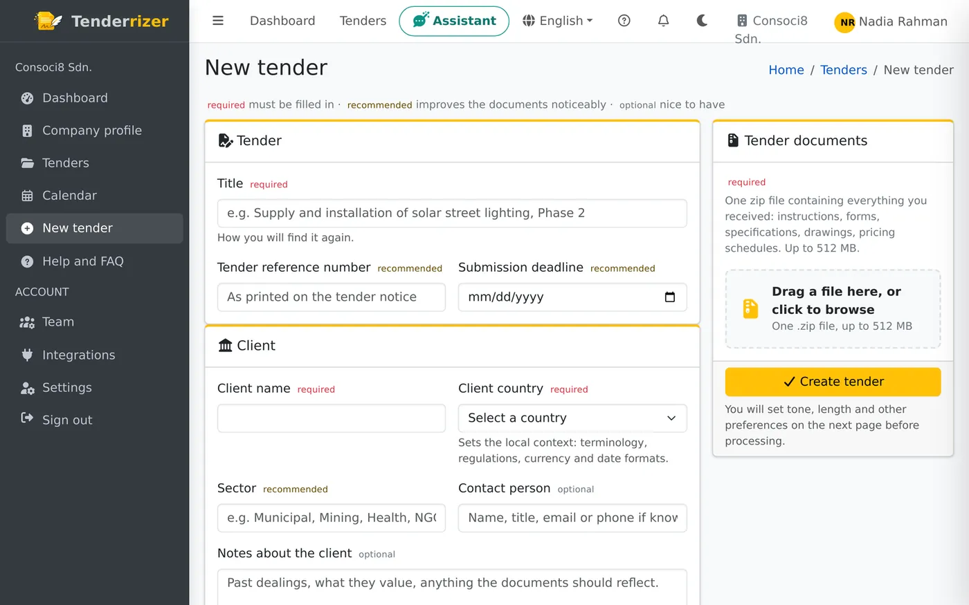The new tender form with client, deadline and a zip upload.