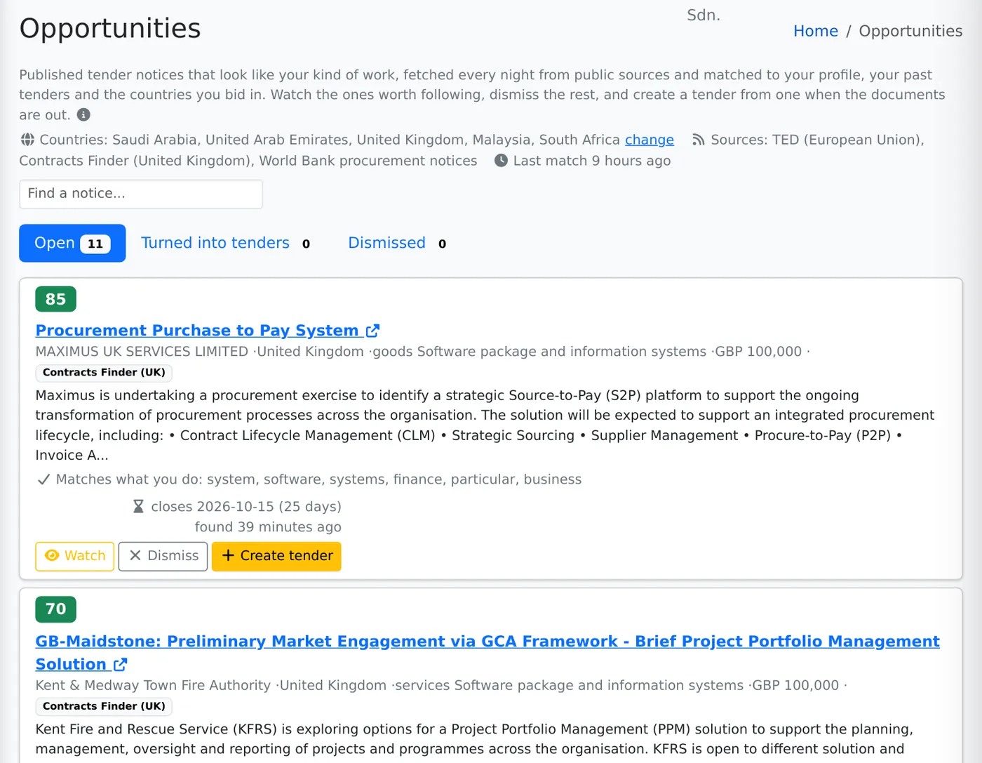 The Opportunities page with matched tender notices, their scores and reasons.