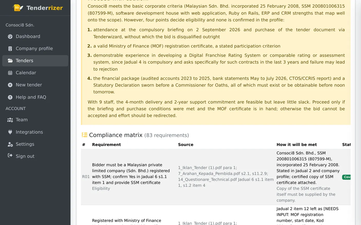 The compliance matrix, with each requirement, its source clause and how it will be met.