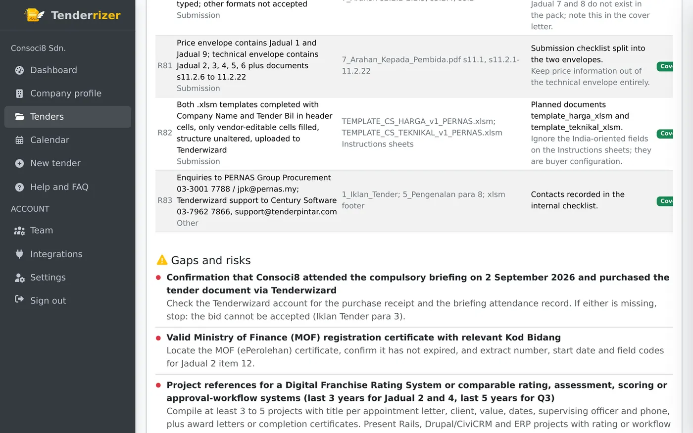 The gaps and risks section of a plan: briefing attendance, MOF registration and project references.