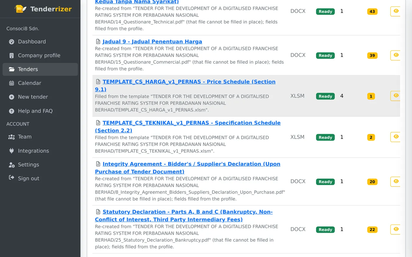 The list of prepared documents, including the issuer's own templates filled in place.